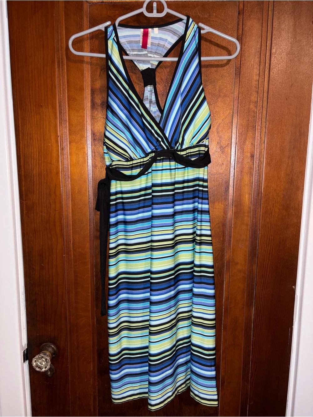 Striped V-Neck Maxi Dress in Blue, Green & Black